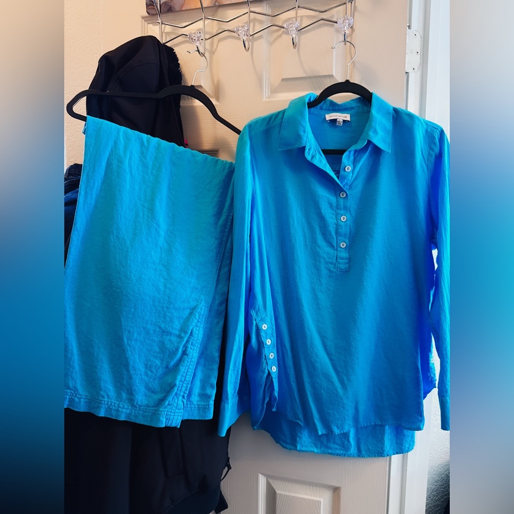 Bright Blue Button-Up Shirt and loose pant set